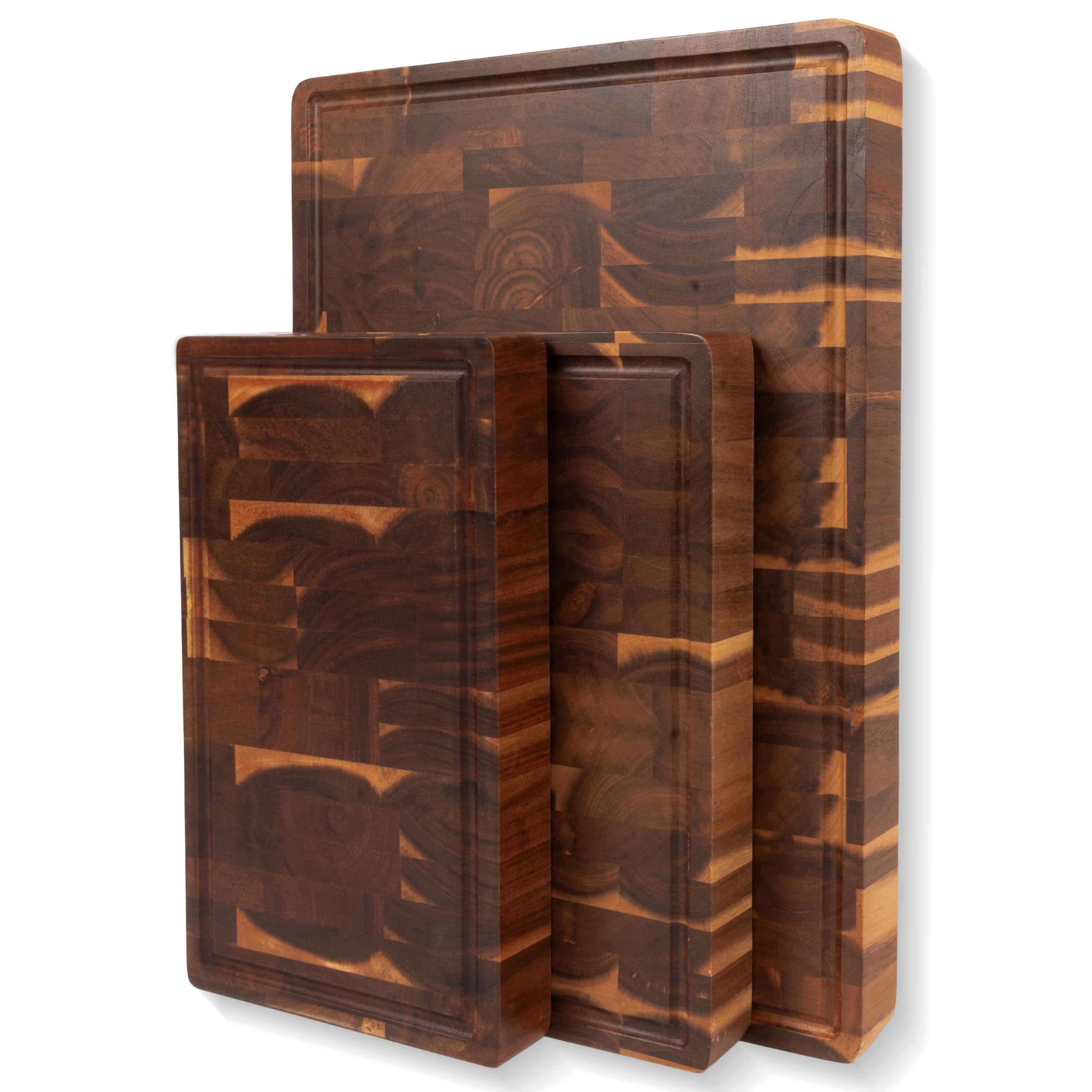 Wood cutting board set with three different-size rectangular boards, perimeter grooves and dark block-patterned grain
