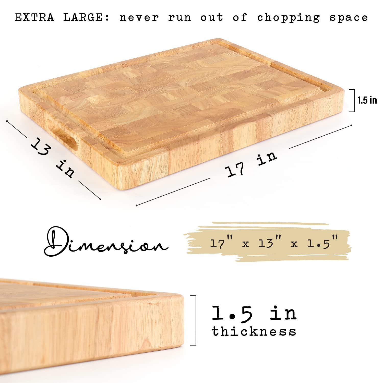 Supplied dimensional illustration of the wooden cutting board with overall size arrows and an edge close-up