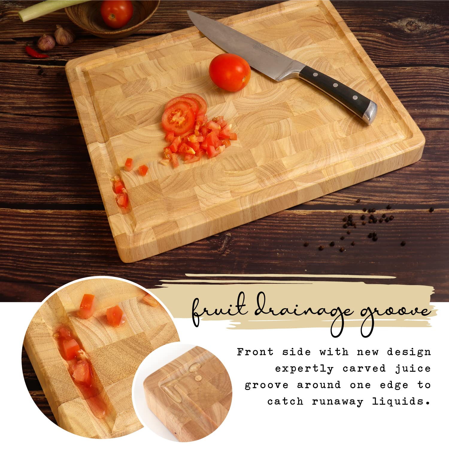 Supplied illustration of a wooden cutting board with tomatoes and close-ups of its perimeter groove