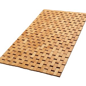 Foldable bamboo bath mat with staggered rectangular slats and visible gaps in a flat layout