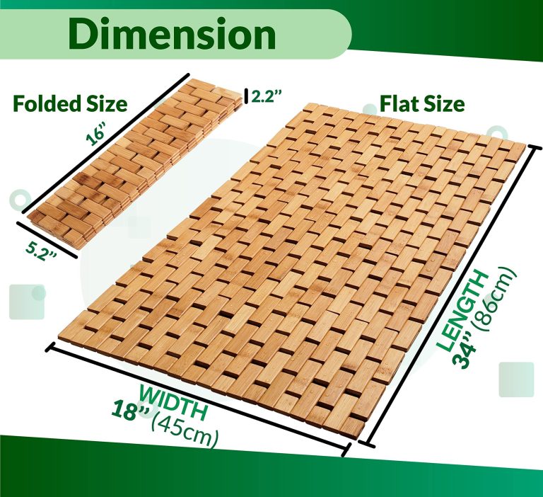 Supplied illustration showing a bamboo bath mat laid flat and folded into a narrower stack with dimension arrows