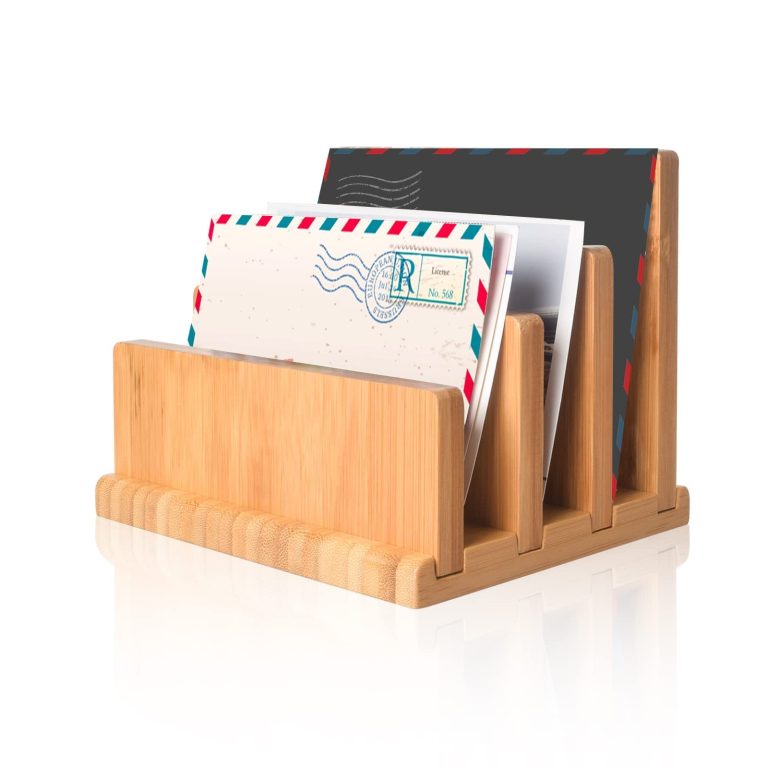 Bamboo letter organizer with three slots, graduated-height divider panels and staged letters