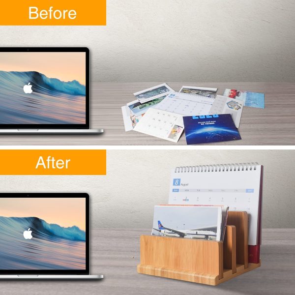 Before-and-after desk illustration with loose papers above and papers arranged in a bamboo letter organizer below