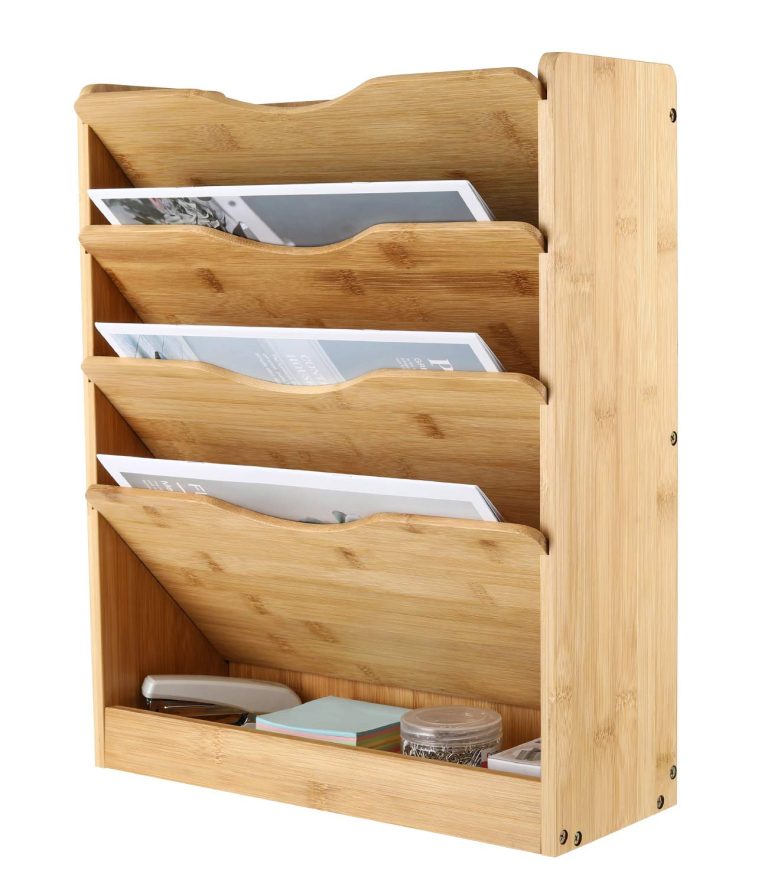 Bamboo file organizer shown against white with four slanted file pockets, curved front openings and a bottom tray