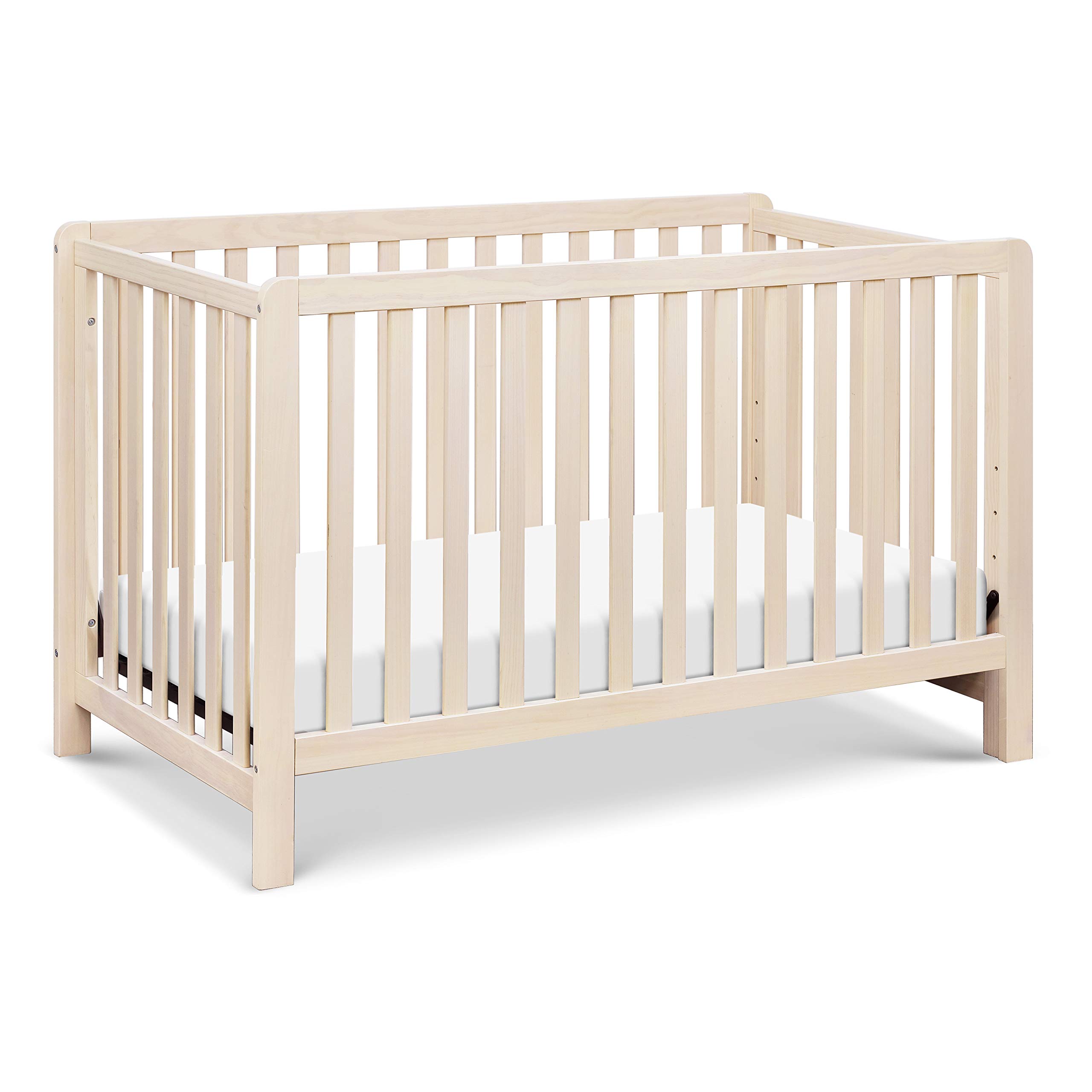 Wood crib with vertical slatted sides, straight top rails and a pale frame shown against white