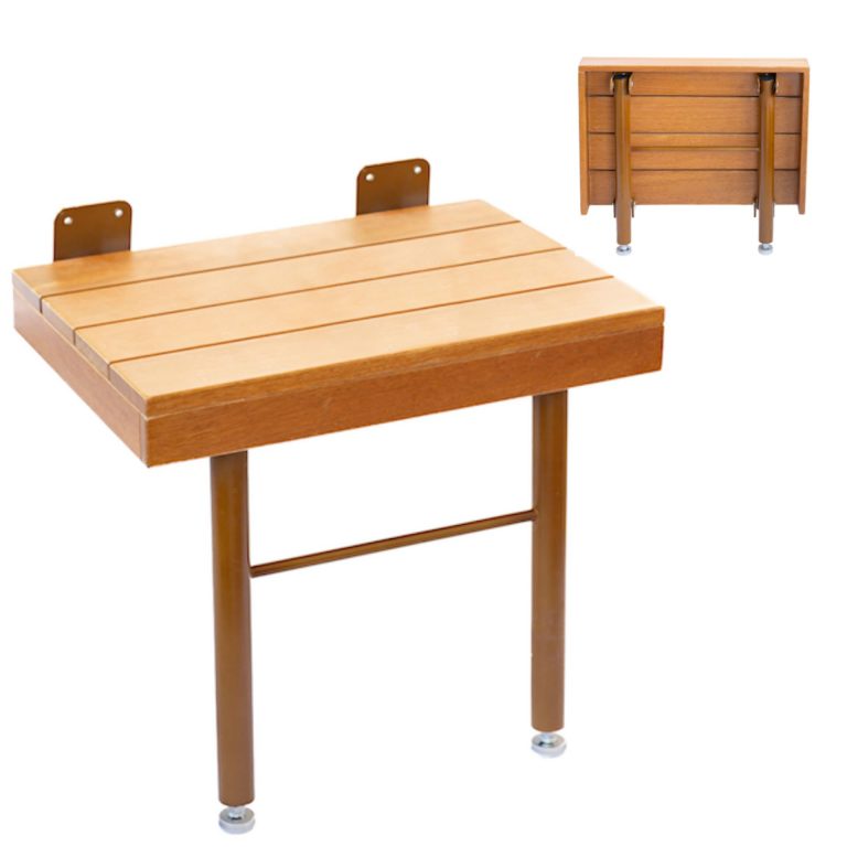 Wooden folding shower seat shown open with two front legs and a small folded-view inset