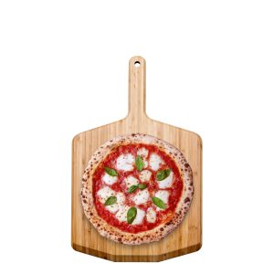 Pizza serving board with a long handle, hanging hole and pizza on a white background