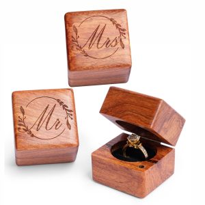 Square ring box examples with Mr and Mrs engraved lids and one open box displaying a ring