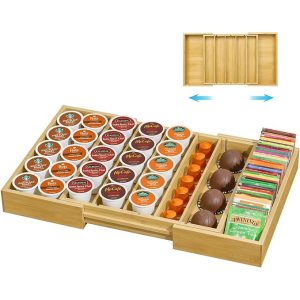 Expandable coffee pod drawer organizer shown with pods and wrapped tea packets