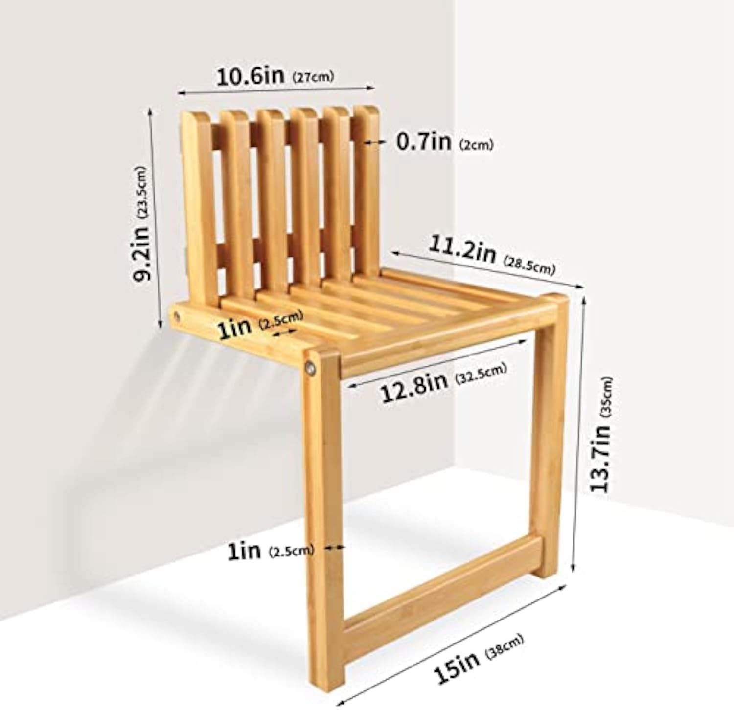Supplied dimensional illustration of the slatted folding chair with arrows around its back, seat and front frame