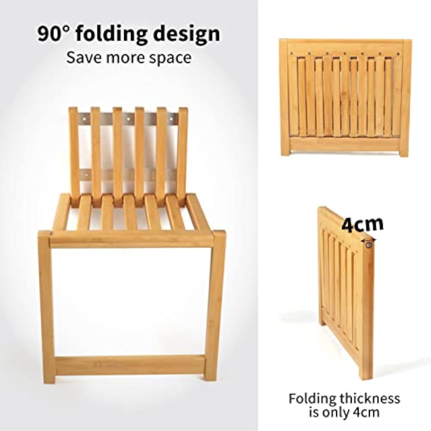 Supplied folding illustration showing the wood-toned slatted chair open and in two folded views