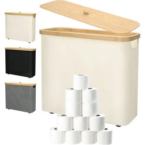 Toilet paper storage basket with a cream fabric body and bamboo lid, shown beside rolls and pictured color versions
