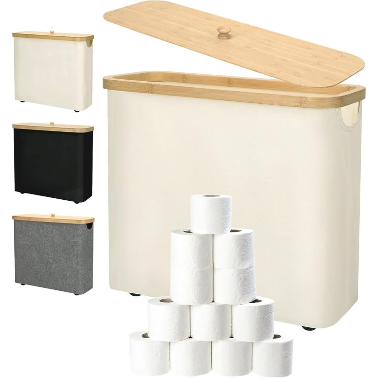 Toilet paper storage basket with a cream fabric body and bamboo lid, shown beside rolls and pictured color versions