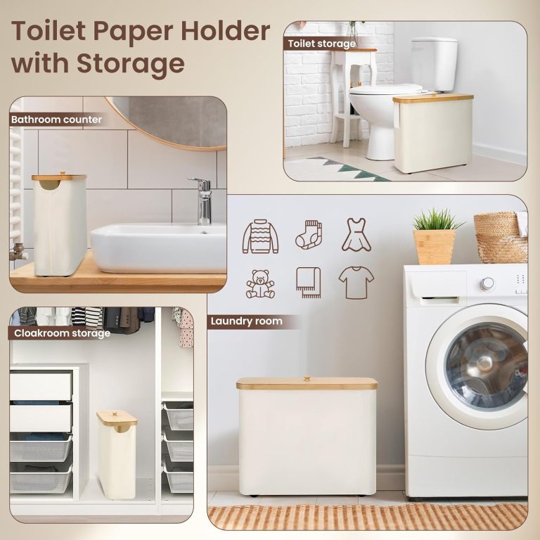 Cream toilet paper storage basket pictured beside a toilet, on a bathroom counter, in a closet and beside a washing machine