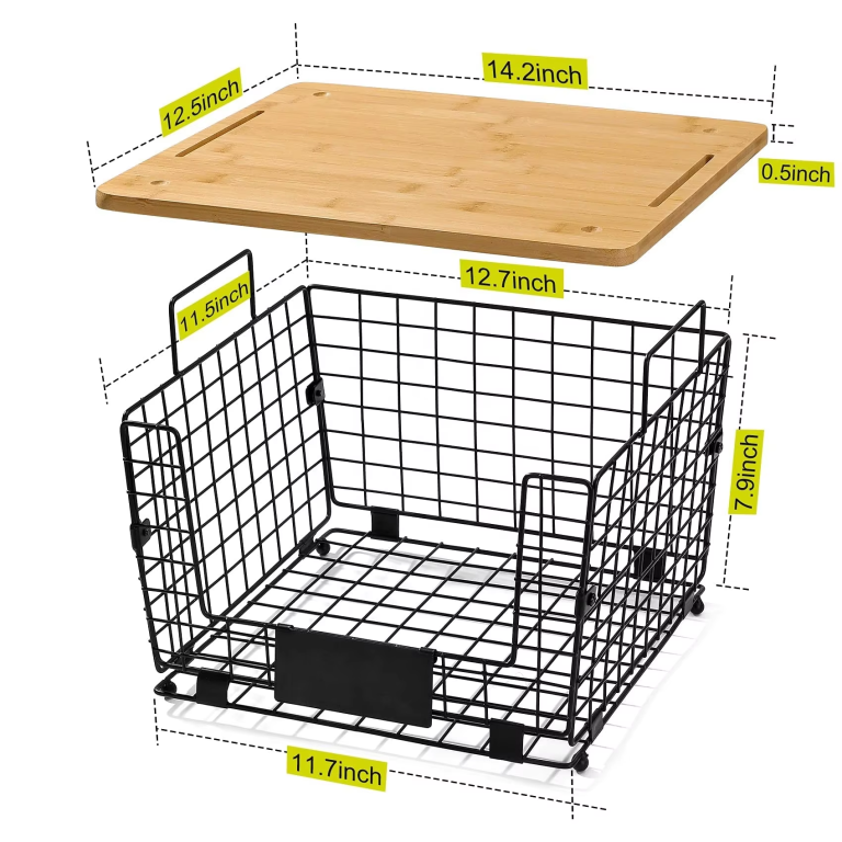 Supplier reference illustration showing a bamboo top separated from a black wire basket with loop handles, a lowered front opening and dimension guides