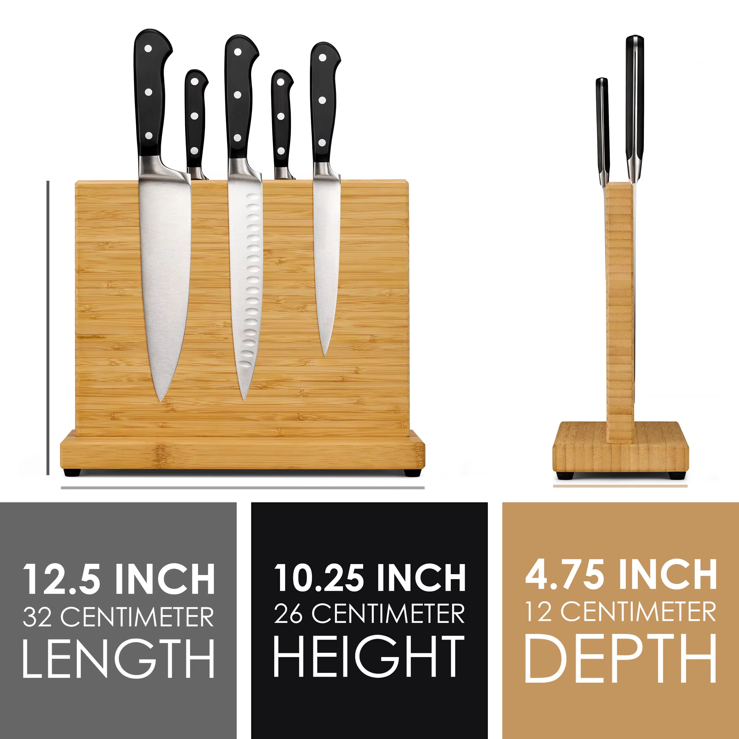 Supplier dimension illustration showing front and side views of a wood-grain knife holder with a rectangular panel, broad base and pictured knives