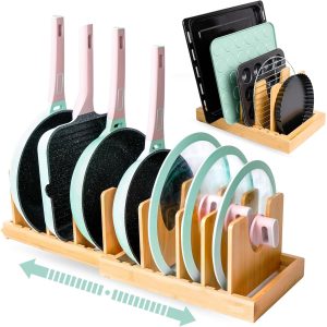 Expandable bamboo pan organizer displaying upright pans and lids, with a smaller baking-tray arrangement pictured above