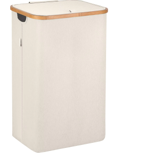 Bamboo laundry hamper with lid, shown with a cream fabric body, bamboo rim, side handle opening and small lid pull tab