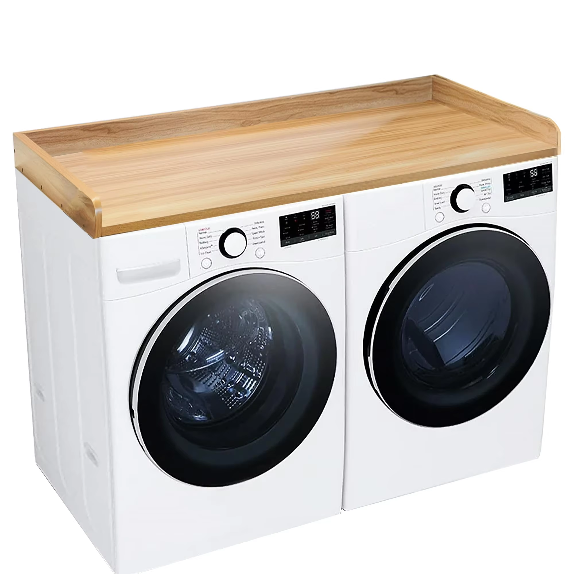 Washer and dryer countertop with a flat wood-toned surface and raised back and side edges, pictured over two front-loading appliances