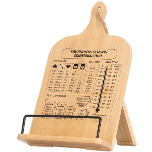 Bamboo cookbook stand with a printed kitchen conversion chart, rope loop, lower book ledge and continuous black front rail