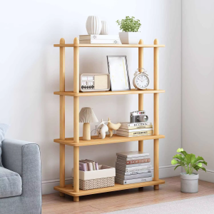 4-tier open bookshelf with four wood-toned rectangular shelves and rounded posts, pictured with books and decorative objects
