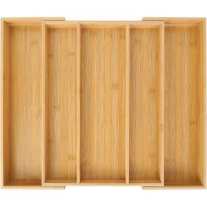 Expandable bamboo cutlery tray with three central lengthwise sections and two extended side compartments on a white background