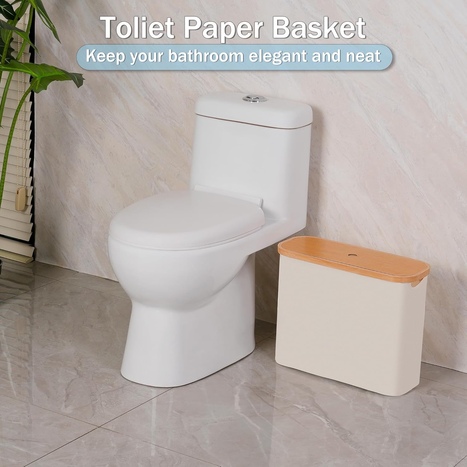 Cream slim toilet paper storage basket with a bamboo finger-hole lid standing beside a toilet