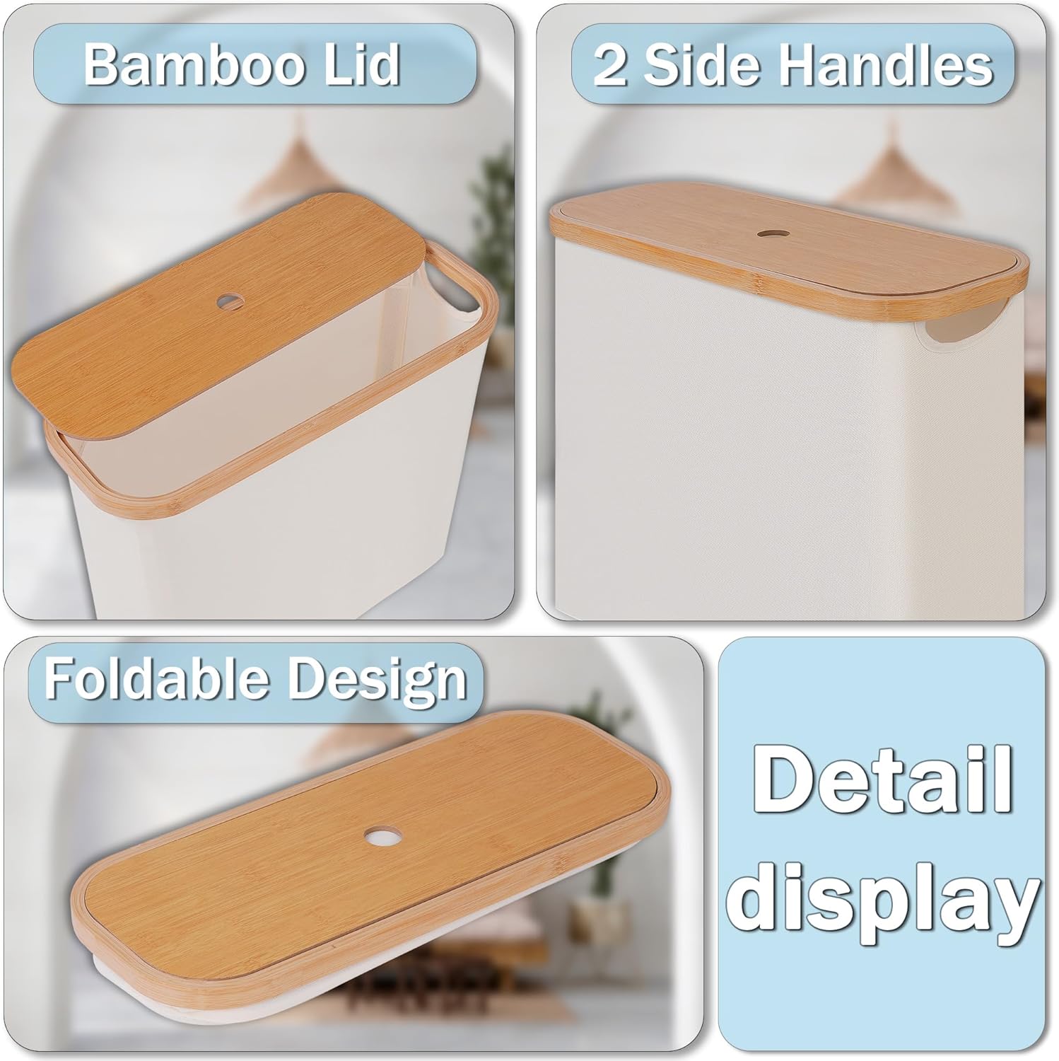 Detail collage showing a bamboo finger-hole lid, side handle opening and the fabric basket body compressed flat