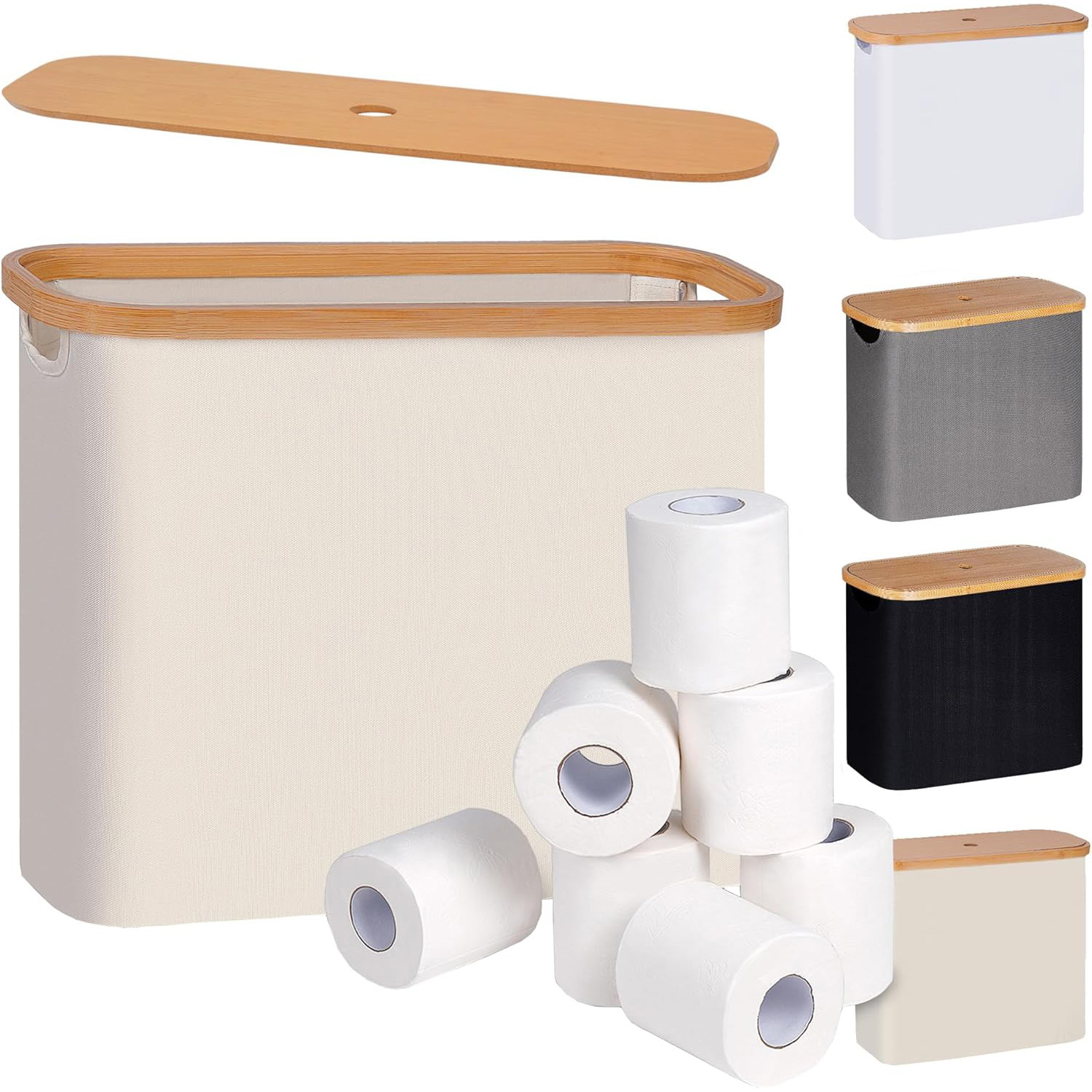 Toilet paper basket with a cream fabric body and bamboo finger-hole lid, pictured beside rolls and other body colors