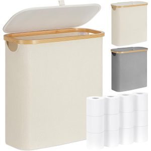 Cream toilet paper basket with an open fabric lid and pull tab, bamboo rim and side handle opening