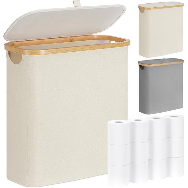 Cream toilet paper basket with an open fabric lid and pull tab, bamboo rim and side handle opening