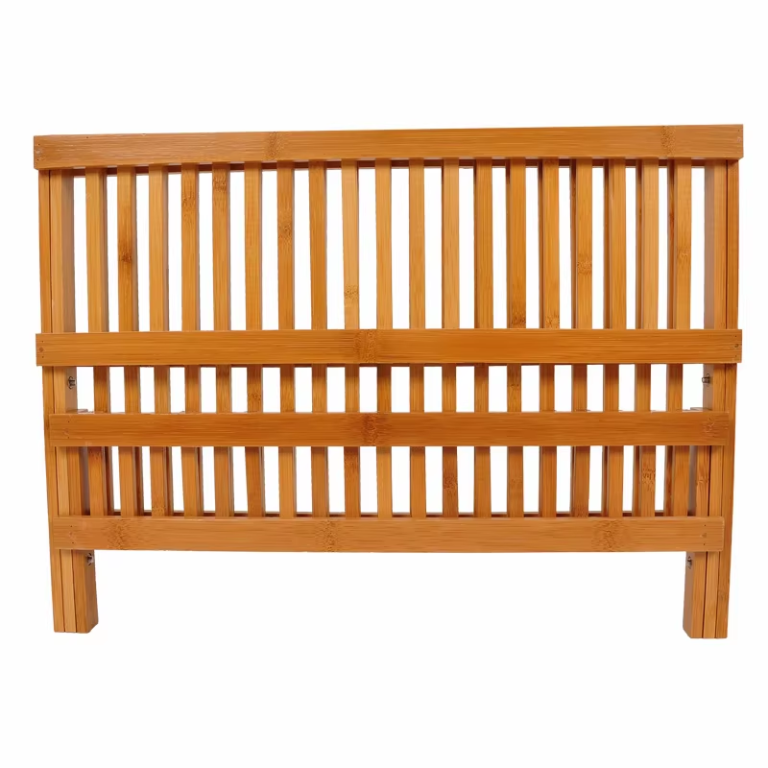 Supplier folded-profile reference showing a wood-grain dish rack with aligned slatted panels and overlapping frame rails on a white background