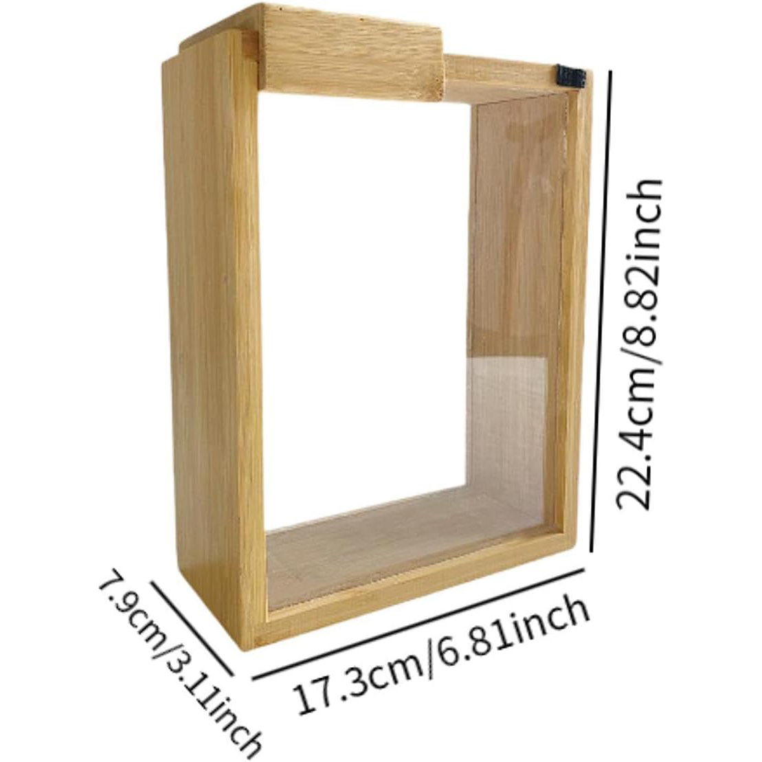Supplied dimensional illustration of a bamboo-framed clear container with a wide top handle