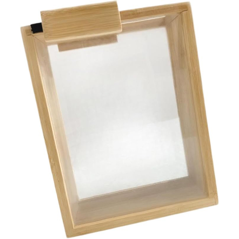 Empty bamboo-framed storage container with a clear front window and broad top handle