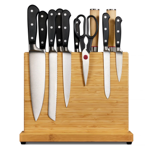 Wooden magnetic knife holder with a rectangular wood-grain panel and broad base, pictured with knives and kitchen shears on a white background