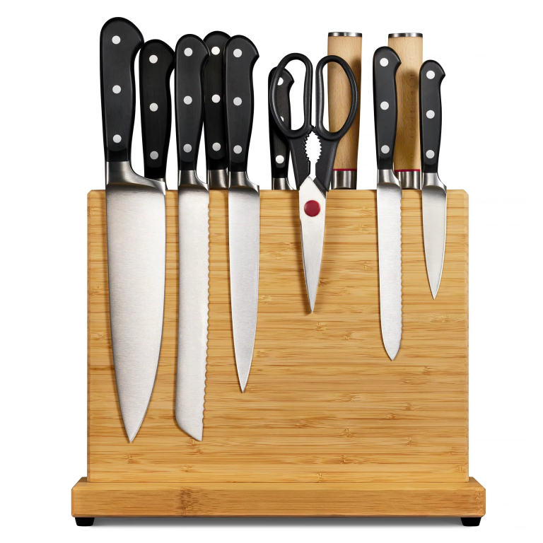 Wooden magnetic knife holder with a rectangular wood-grain panel and broad base, pictured with knives and kitchen shears on a white background
