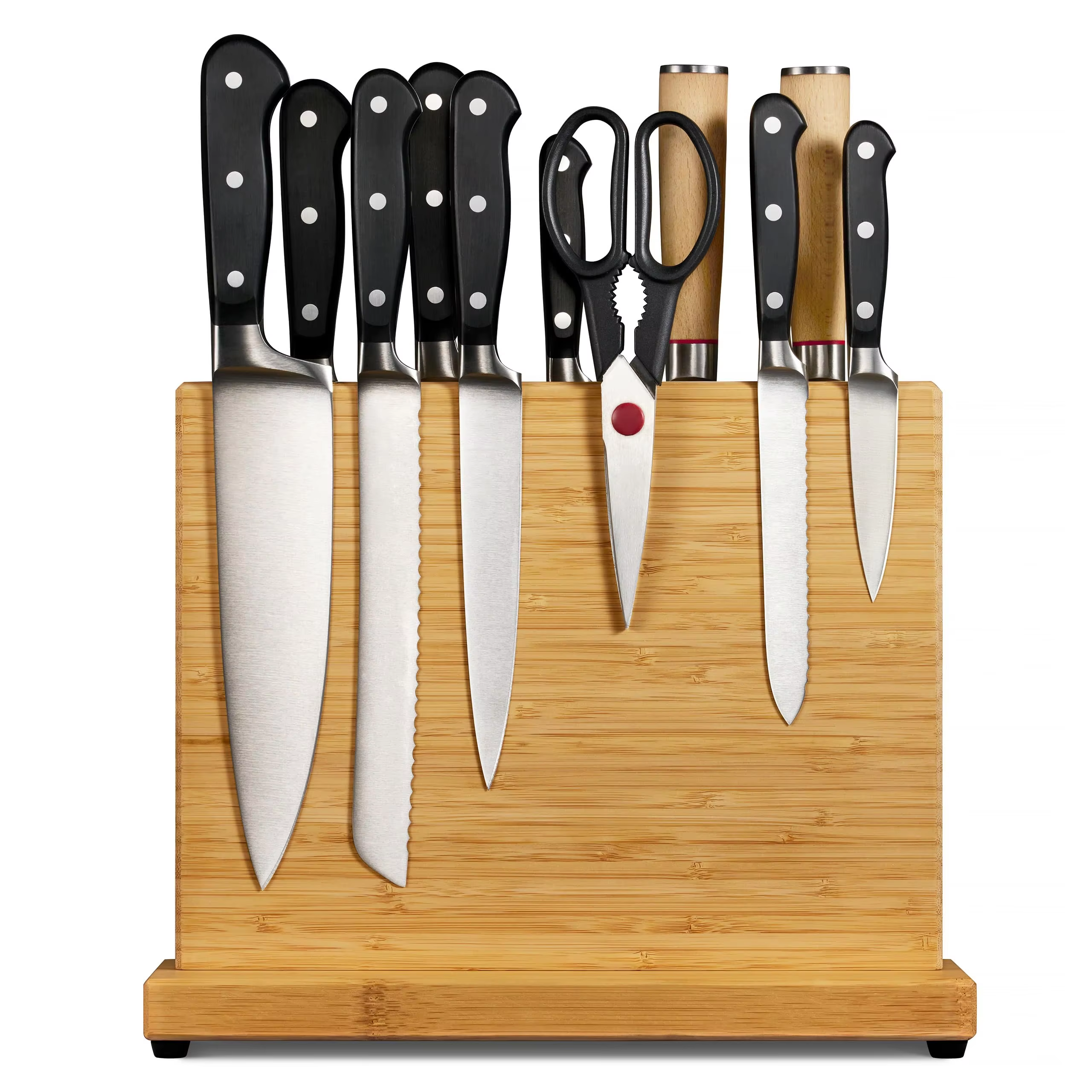 Wooden magnetic knife holder with a rectangular wood-grain panel and broad base, pictured with knives and kitchen shears on a white background