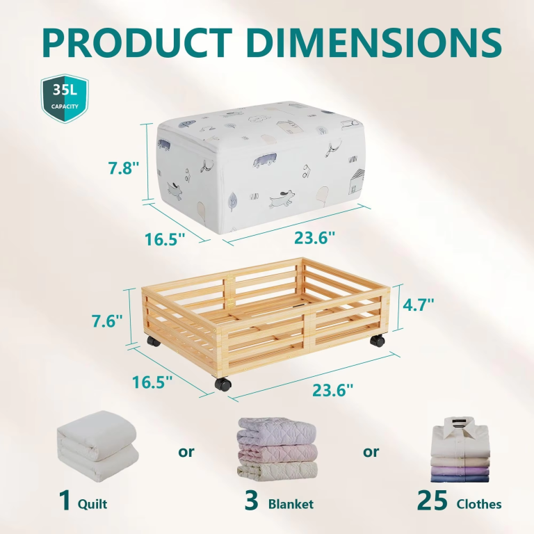 Supplier reference illustration of a printed fabric bag and wheeled slatted storage frame with dimension guides and textile examples