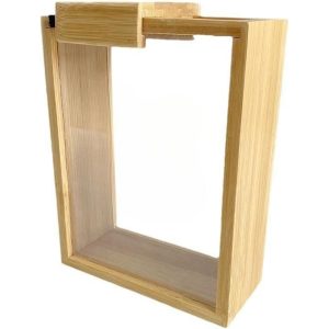 Bamboo rice storage container with a clear front window, deep bamboo sides and a wide top handle on a white background