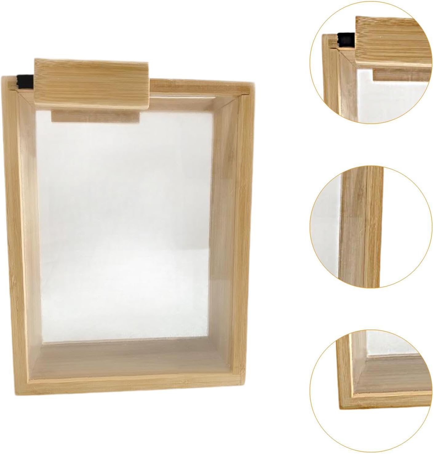 Bamboo-framed clear storage container with close-up views of the top handle, side rail and lower corner