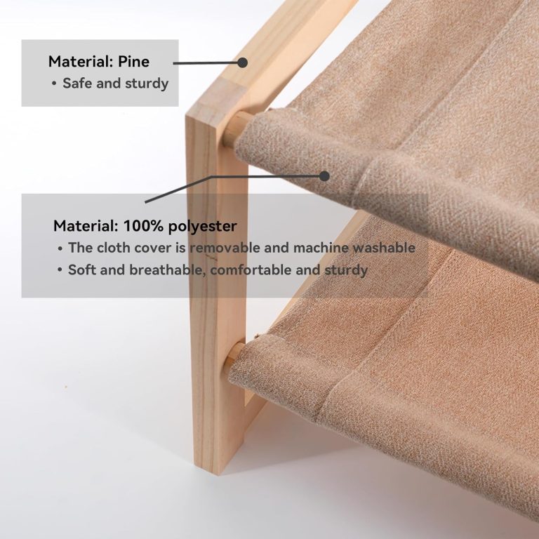 Close-up of beige fabric sleeves around wooden support rods on a two-tier cat hammock