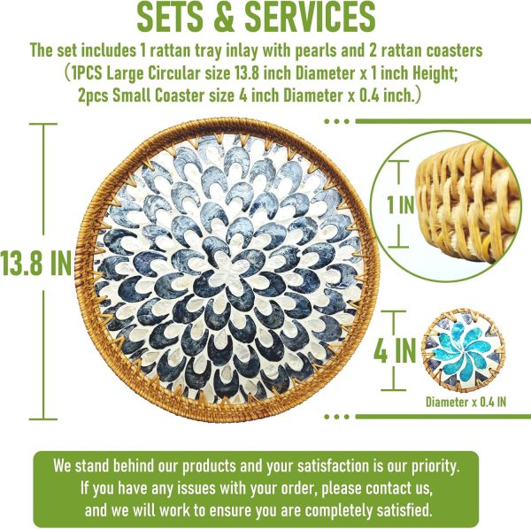 Rattan tray size guide showing 13.8 inch diameter and 1 inch height, with 4 inch diameter and 0.4 inch thick coasters