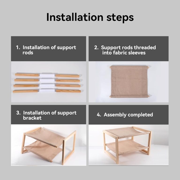 Four-panel assembly guide showing support rods, fabric sleeves and the completed wooden cat bunk bed
