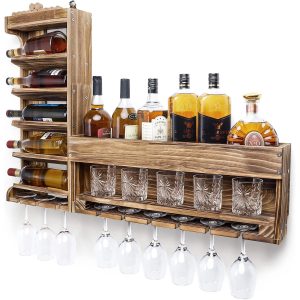 Two-piece wooden wall mounted wine rack with five bottle slots, shelves and hanging stemware holders