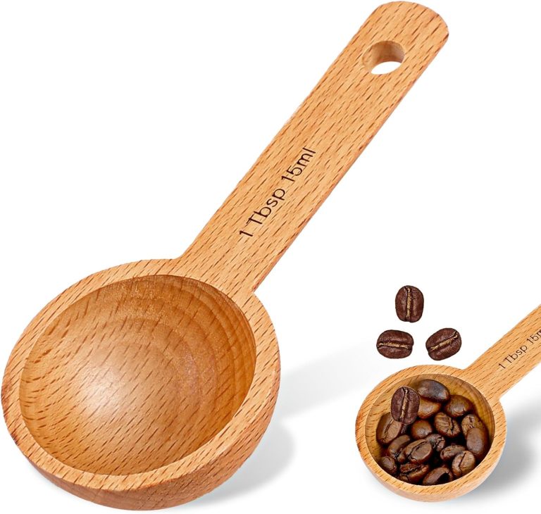 Wooden measuring spoons shown empty and filled with coffee beans, with 1 Tbsp 15ml marked on the handle