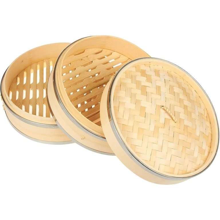 Two bamboo steamer baskets with slatted bases and a woven lid, finished with metal reinforcing rings
