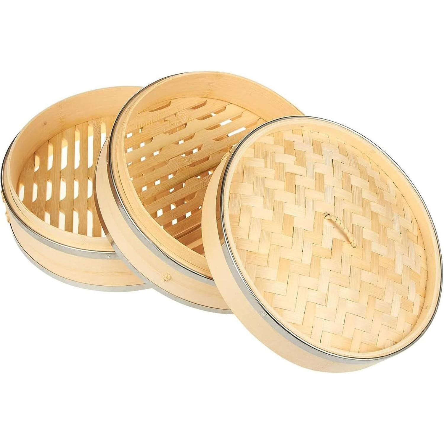 Two bamboo steamer baskets with slatted bases and a woven lid, finished with metal reinforcing rings