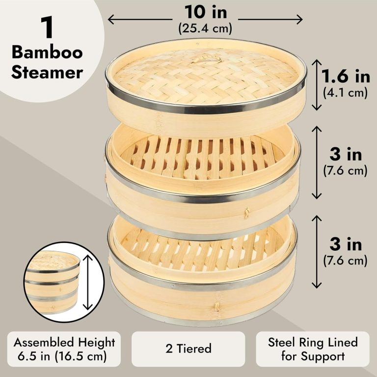 Bamboo steamer size diagram showing 10-inch diameter, two 3-inch tiers and 6.5-inch assembled height