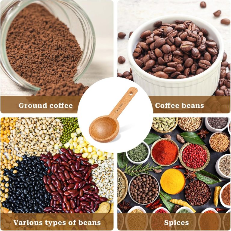 Wooden 15 ml measuring spoon pictured with ground coffee, coffee beans, dried beans and spices