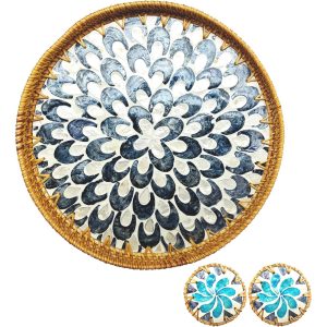Rattan serving tray with grey and white mother of pearl floral inlay and two small blue floral coasters